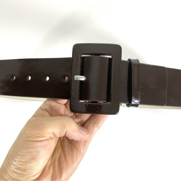 Dark Brown Glossy Leather Belt, Vintage Plain, Wide Chocolate Self Buckle - Picture 3 of 7